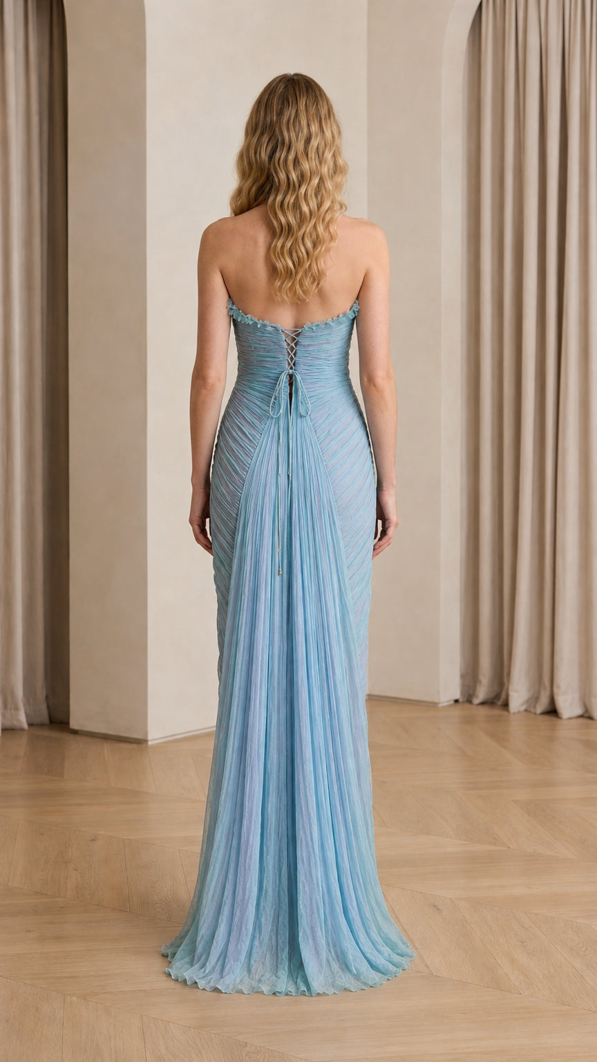 Back view showing lace-up corset detail on Light Blue gown