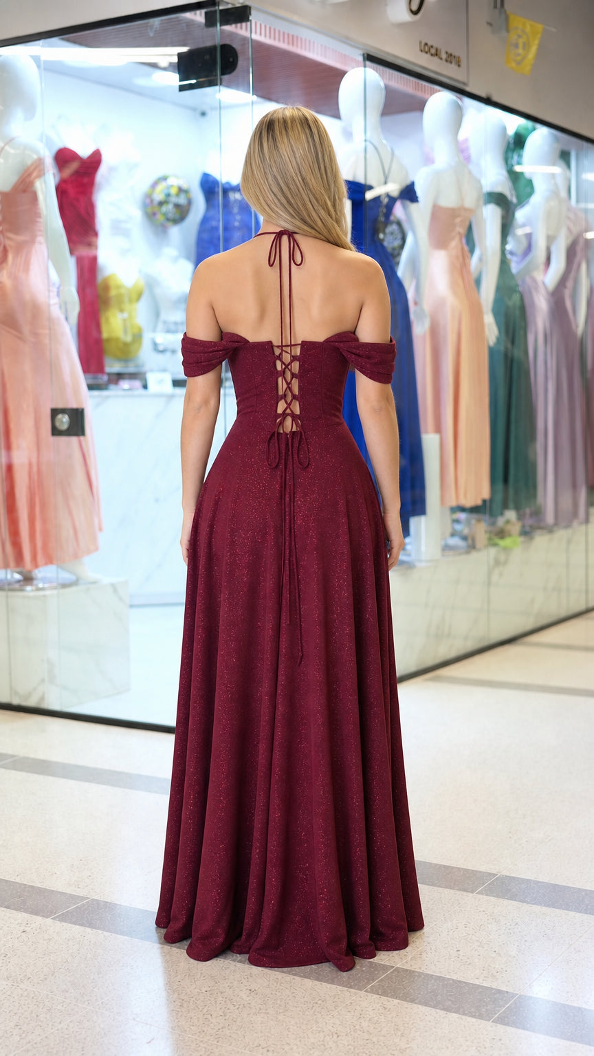 Back view of burgundy dress showing lace-up closure