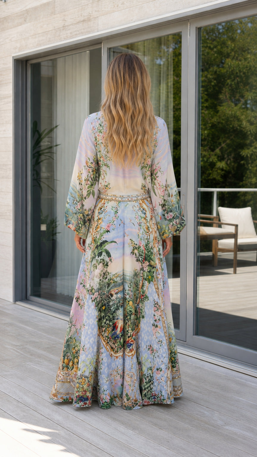 Back view of model in light blue scenic print maxi skirt set