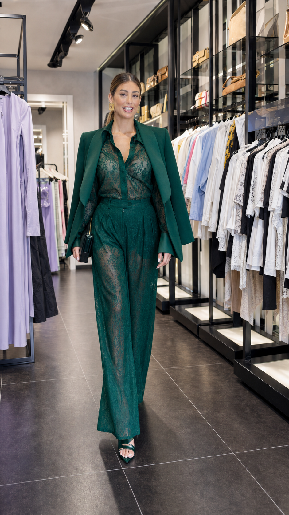 Model wearing dark green 3-piece lace blazer and wide-leg pants set