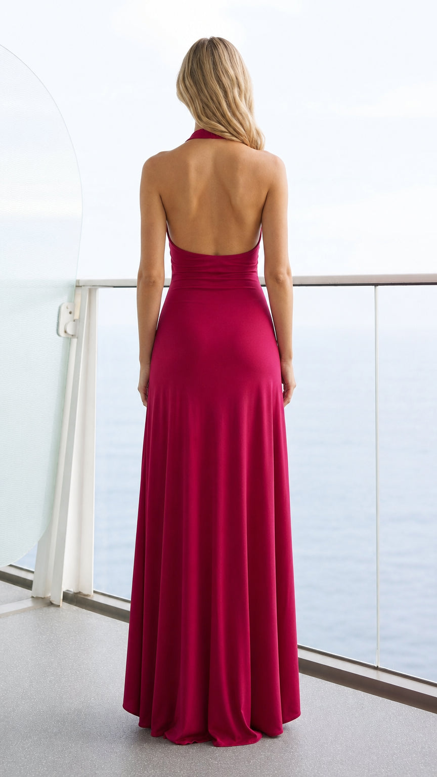 Back view of magenta open back maxi dress