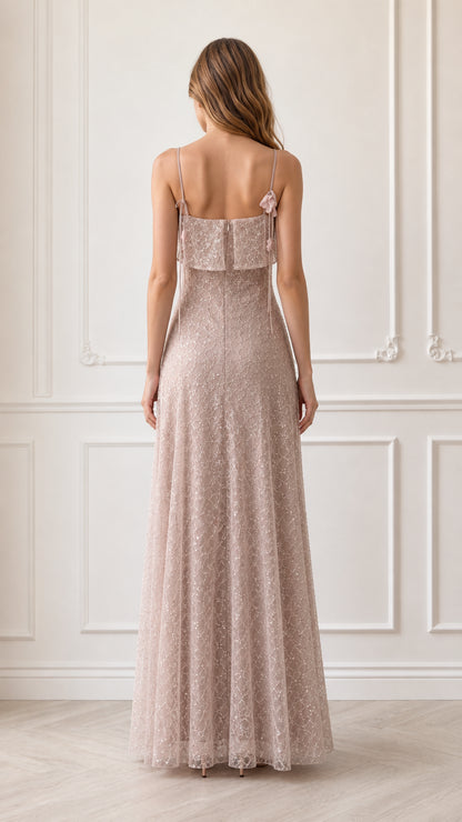 Back view of model in dusty rose sequin spaghetti strap formal dress