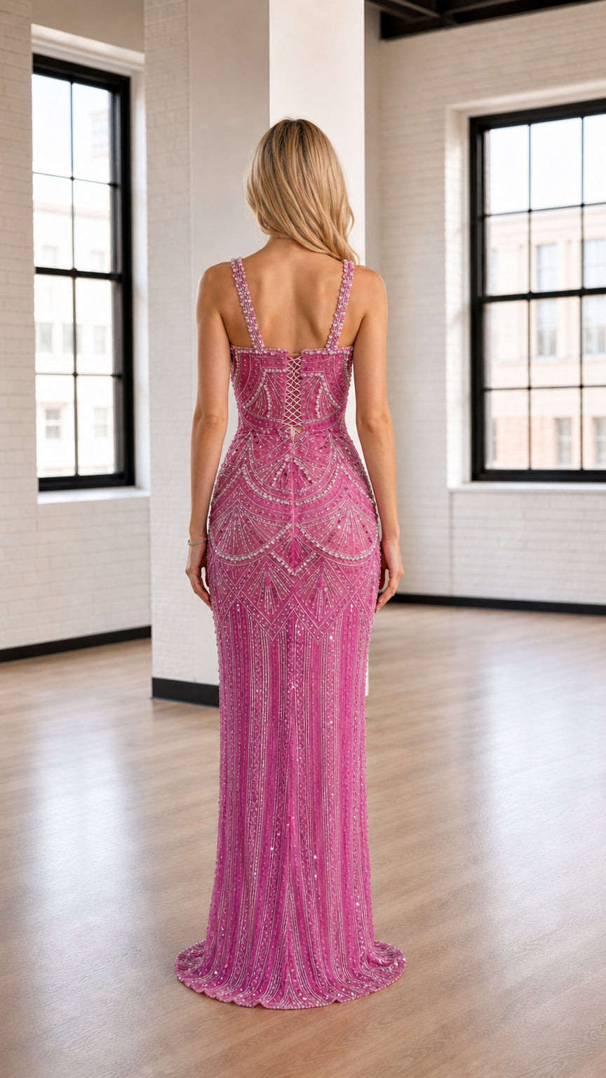 Back view of model showcasing detailed straps on pink maxi dress