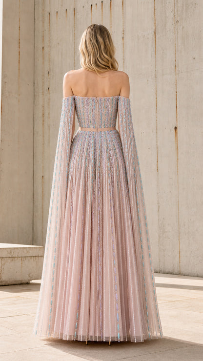 Back view showing sweeping cape sleeves and floor-length tulle skirt