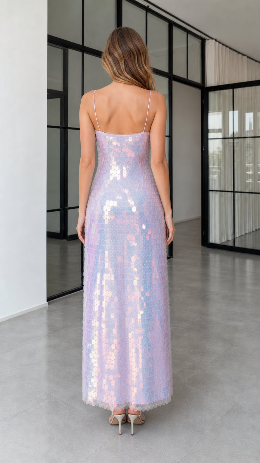 Back view of model wearing lavender sequin maxi dress