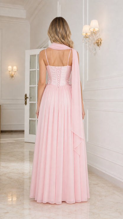 Back view showing laced corset detail on pink evening gown