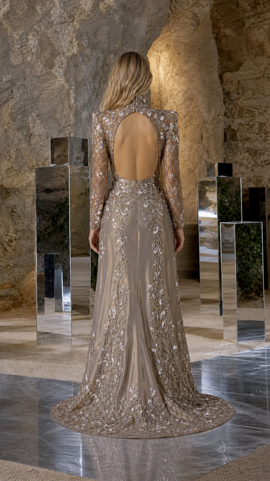 Taupe evening gown back view showing open back detail