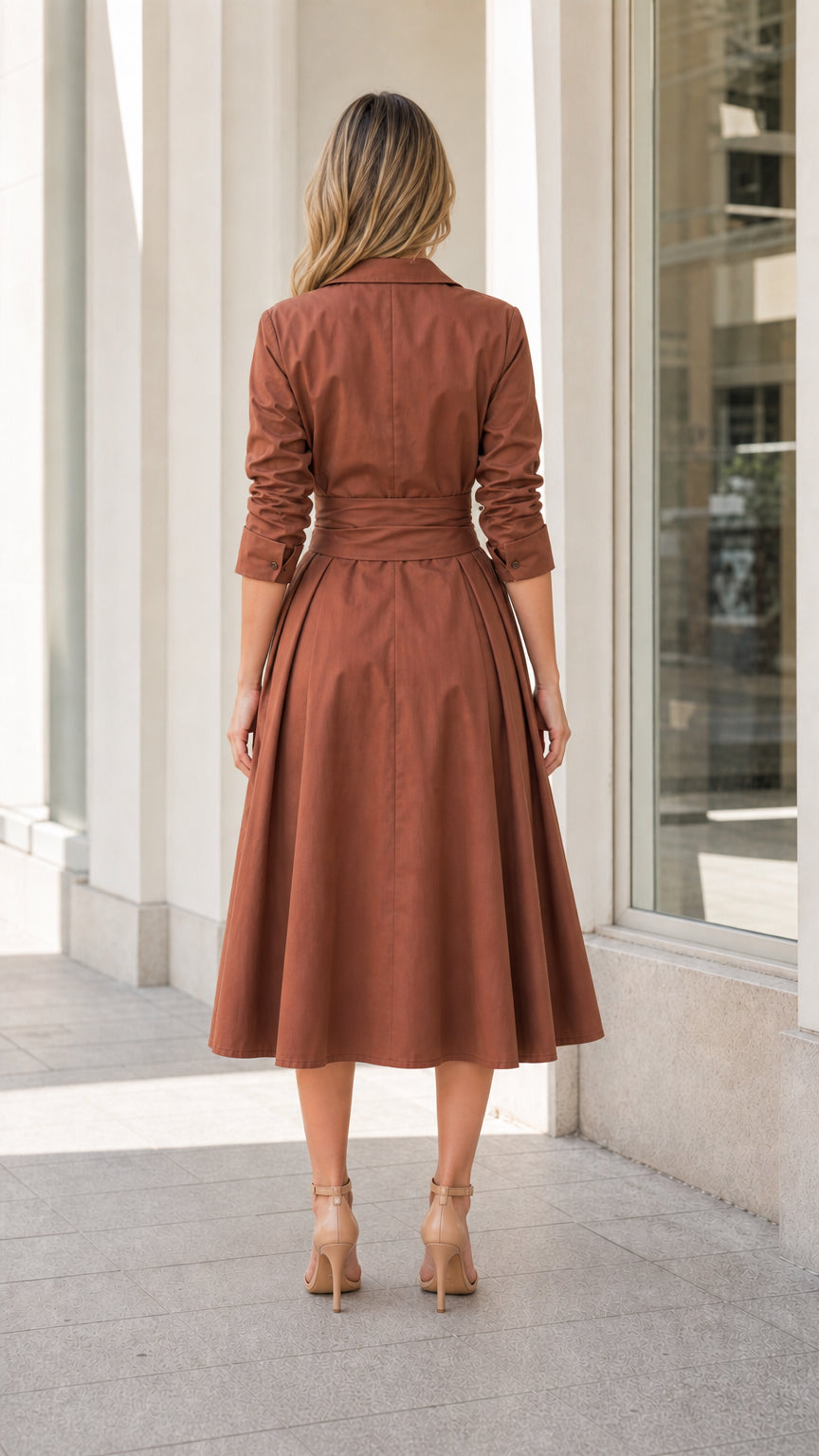 Back view of woman wearing brown lapel midi trench dress
