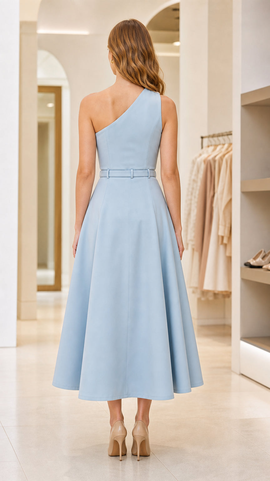 Back view of model in light blue midi dress with belt