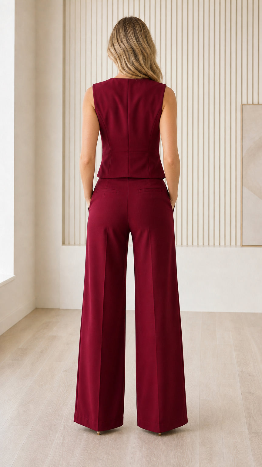 Back view of model wearing burgundy matching set