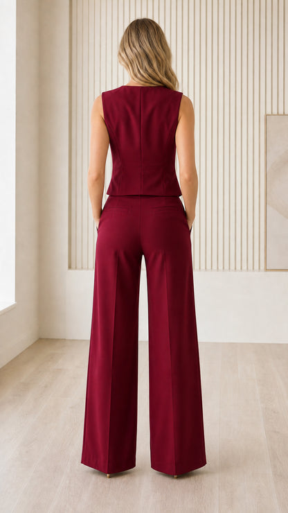 Back view of model wearing burgundy matching set
