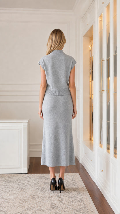Back view of woman wearing grey knit top and midi skirt outfit