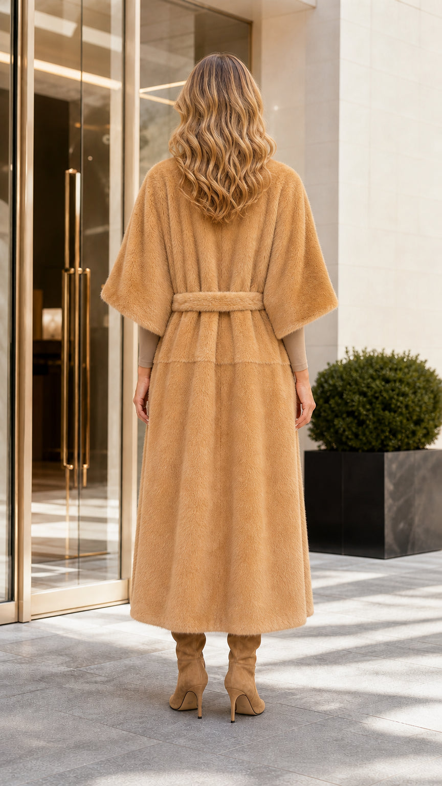 Back view of woman wearing camel maxi faux fur coat