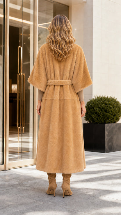 Back view of woman wearing camel maxi faux fur coat