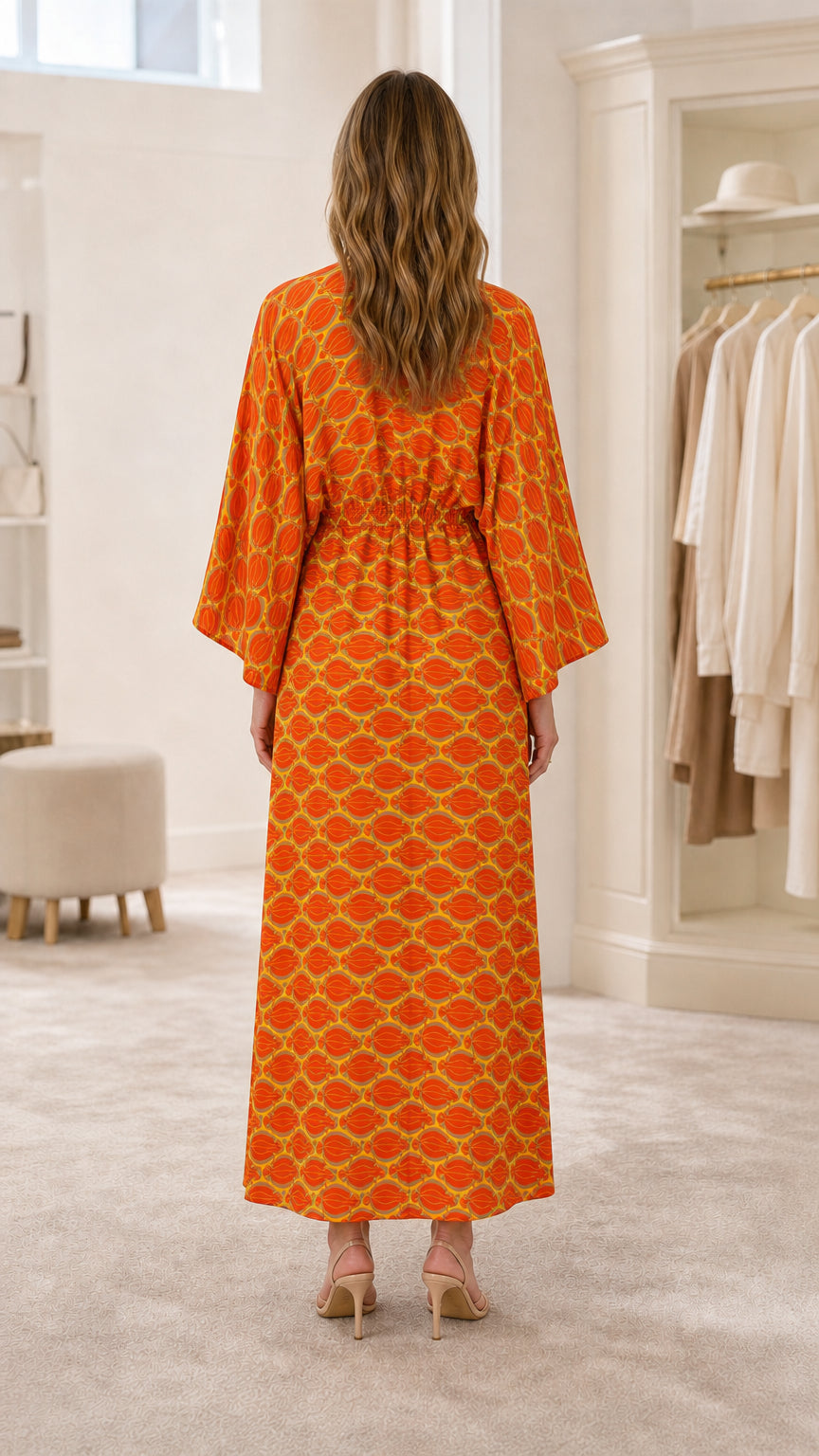 Back view of model in orange geometric print maxi dress
