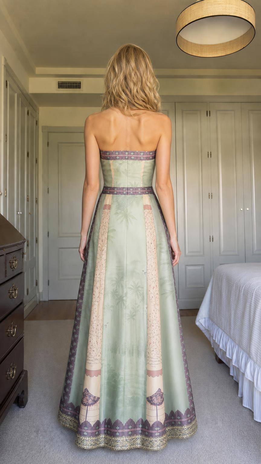 Back view of model showing strapless bodice and printed skirt