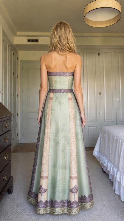 Back view of model showing strapless bodice and printed skirt