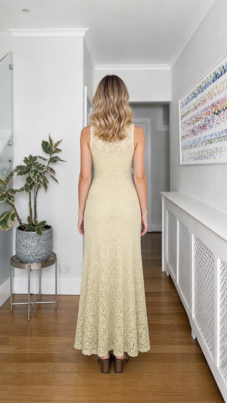 Back view of yellow lace maxi dress