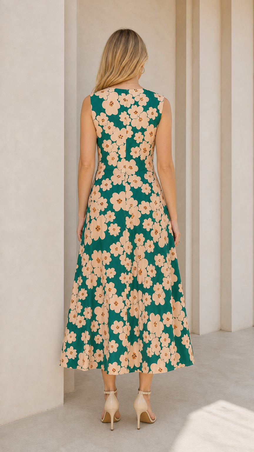 Back view of green floral midi dress