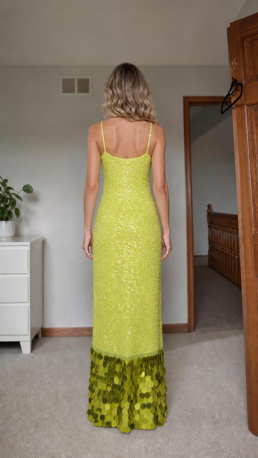 Back view of lime green sequin maxi dress