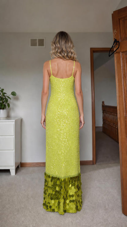 Back view of lime green sequin maxi dress