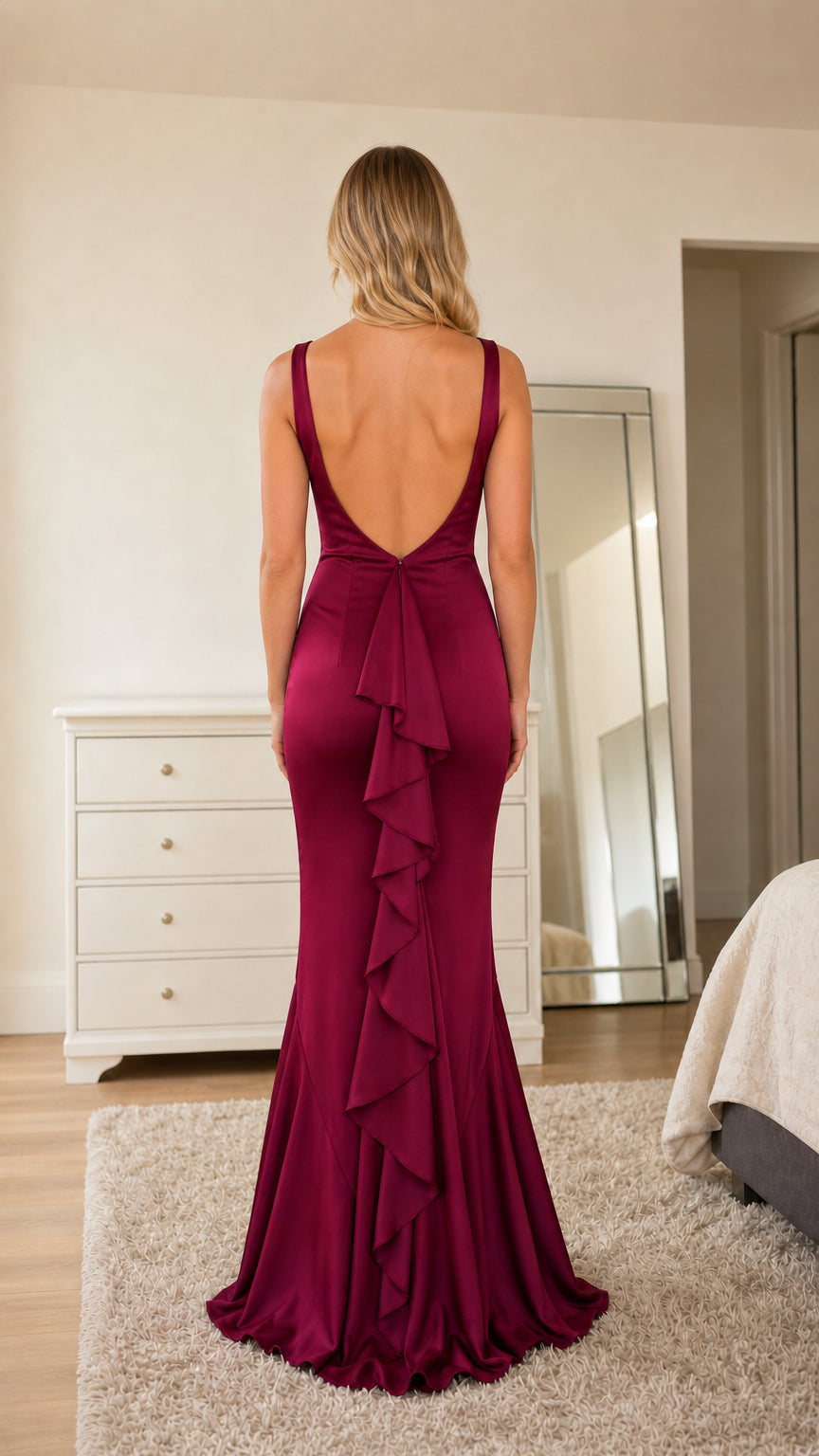 Back view showcasing open back and cascading ruffles