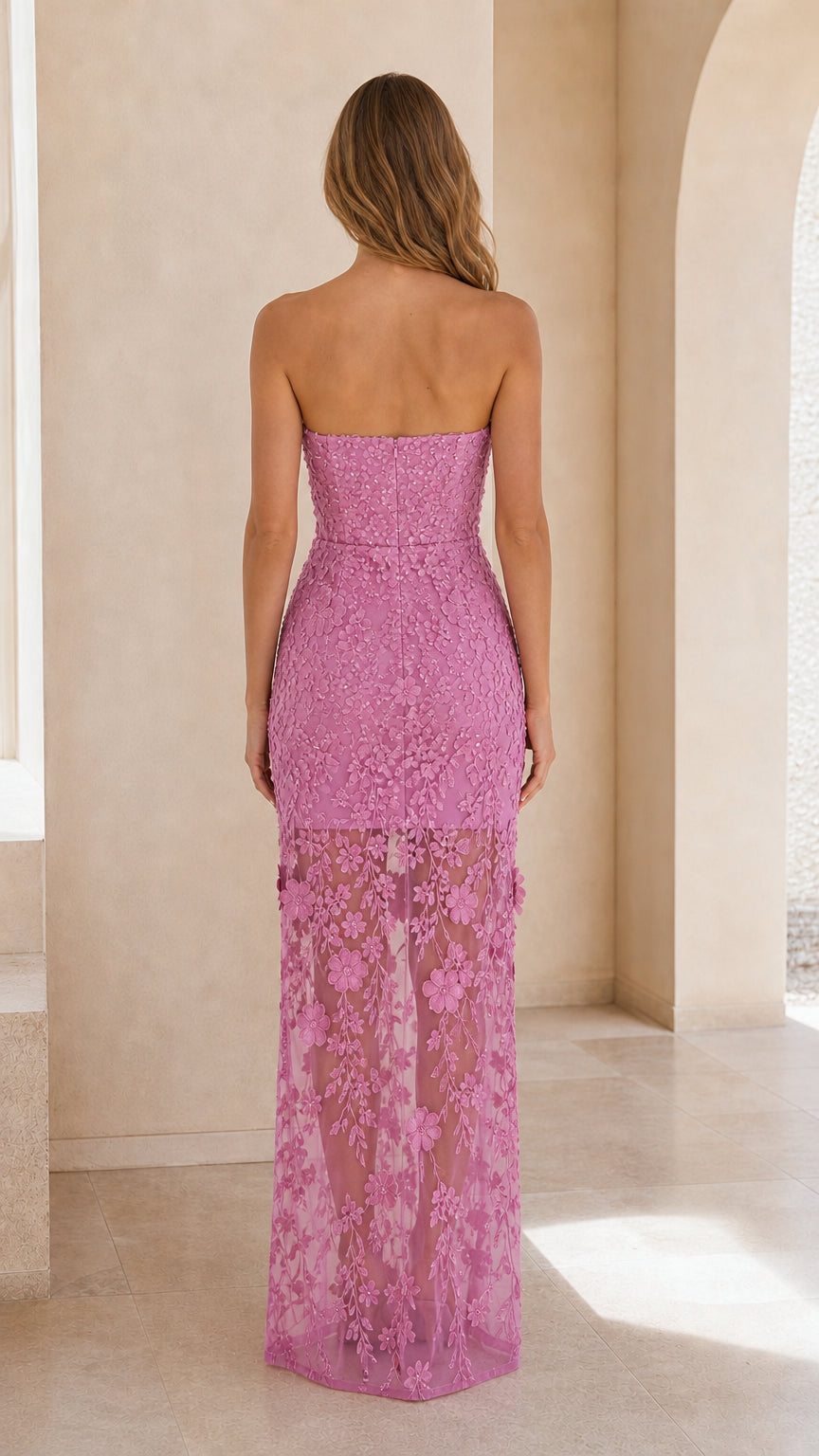 Back view of orchid pink strapless lace applique maxi dress