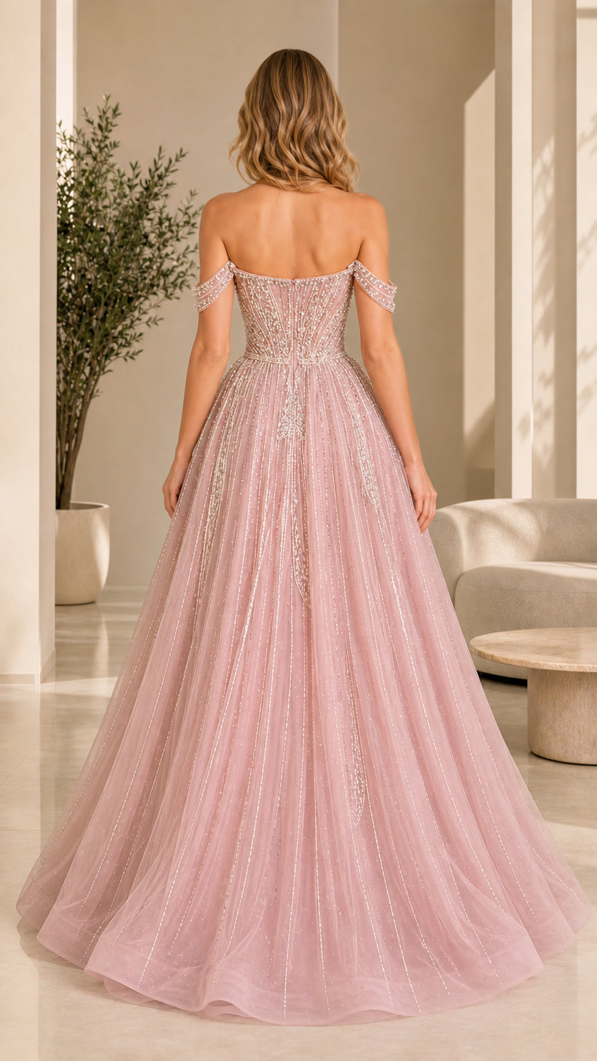 Back view of pink formal ball gown