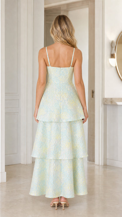 Back view of model in Light Blue Jacquard Maxi Dress