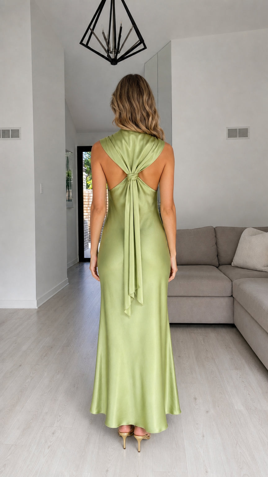 Back view of model showcasing open back tie detail on sage dress