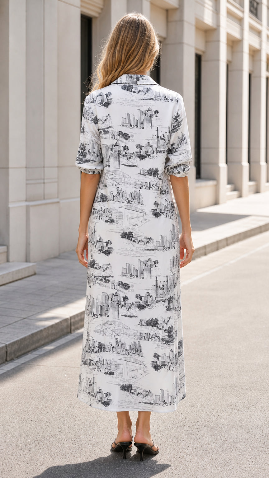 Back view of woman wearing white cityscape print maxi dress