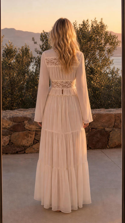 Back view of Ivory boho lace trim maxi dress