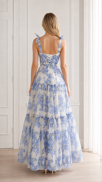Back view of blue floral maxi dress with laced detail