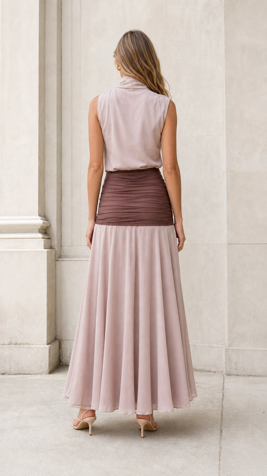 Elegance Drape Two-Tone Maxi Dress back view in mauve