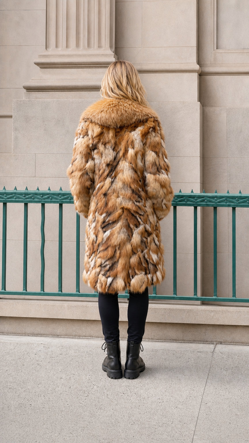 Back view of model wearing voluminous brown faux fur coat