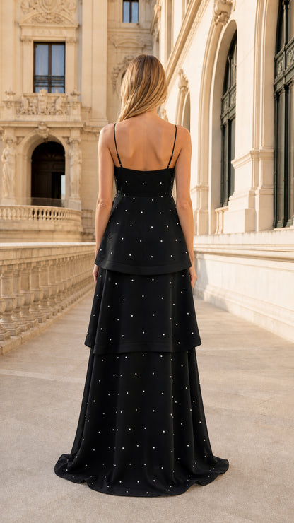 Back view of black layered maxi dress