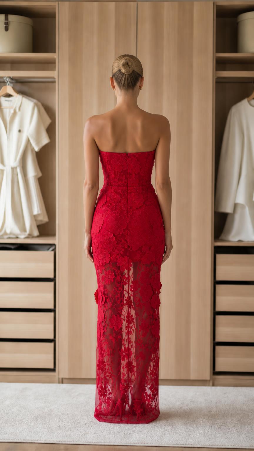 Back view of red strapless floral applique maxi dress