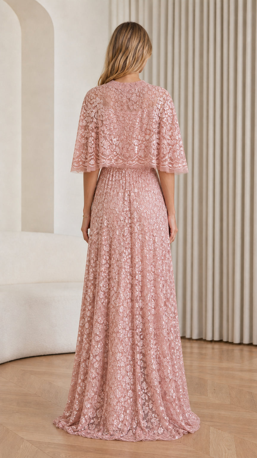 Back view of Dusty Rose sequin cape maxi dress