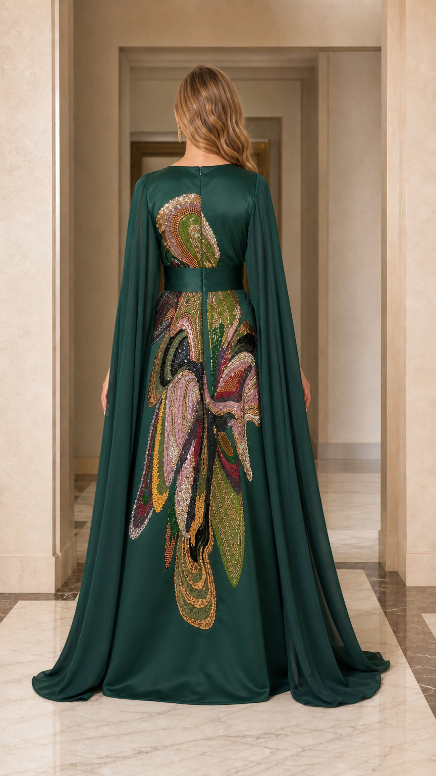Back view of emerald green dress with embroidered back detail