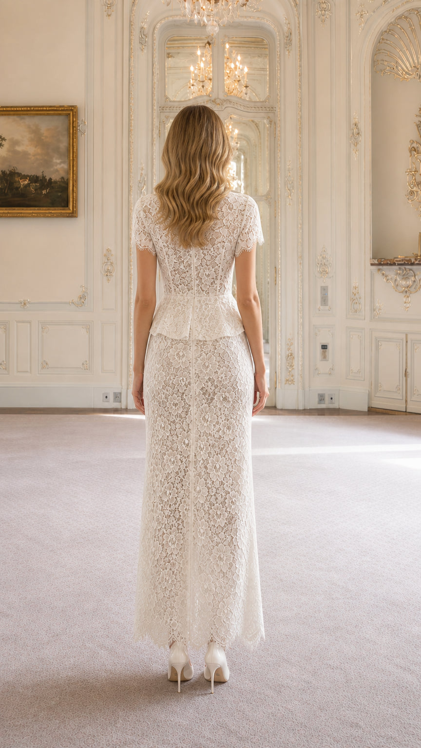 Back view of ivory lace short sleeve peplum maxi dress