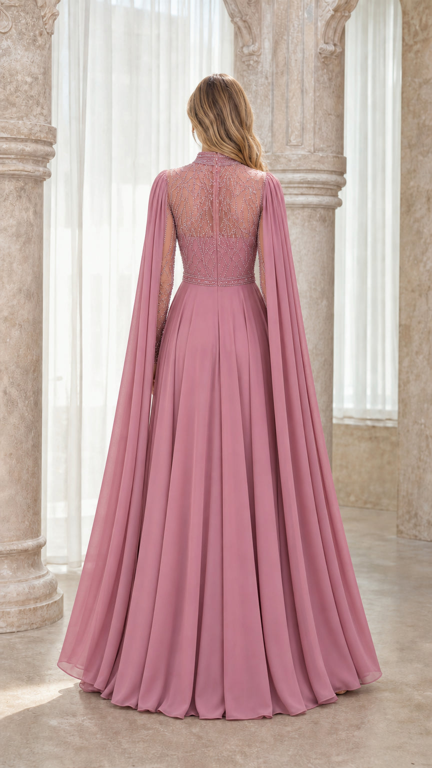 Back view of pink chiffon formal dress