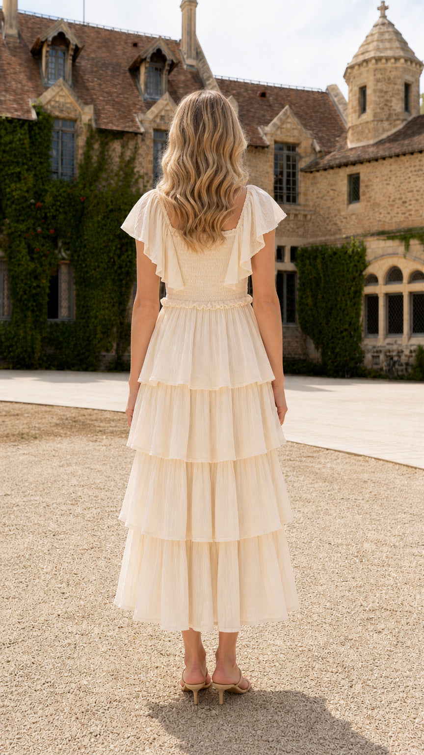 Back full view of cream tiered midi dress