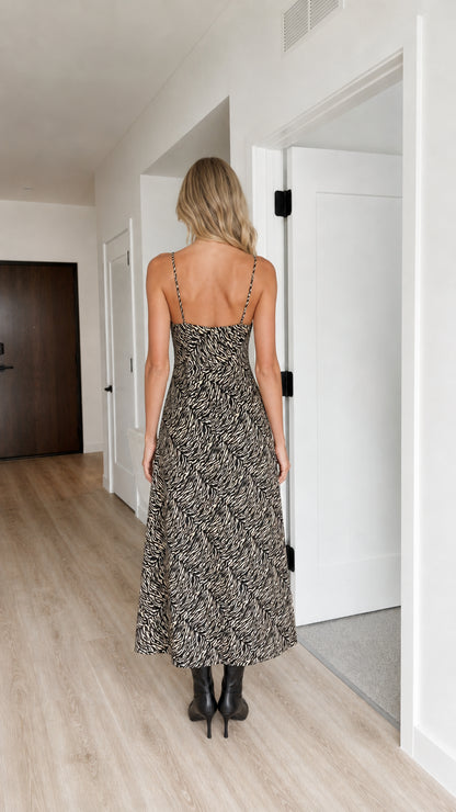 Model wearing Black animal print slip midi dress, back view