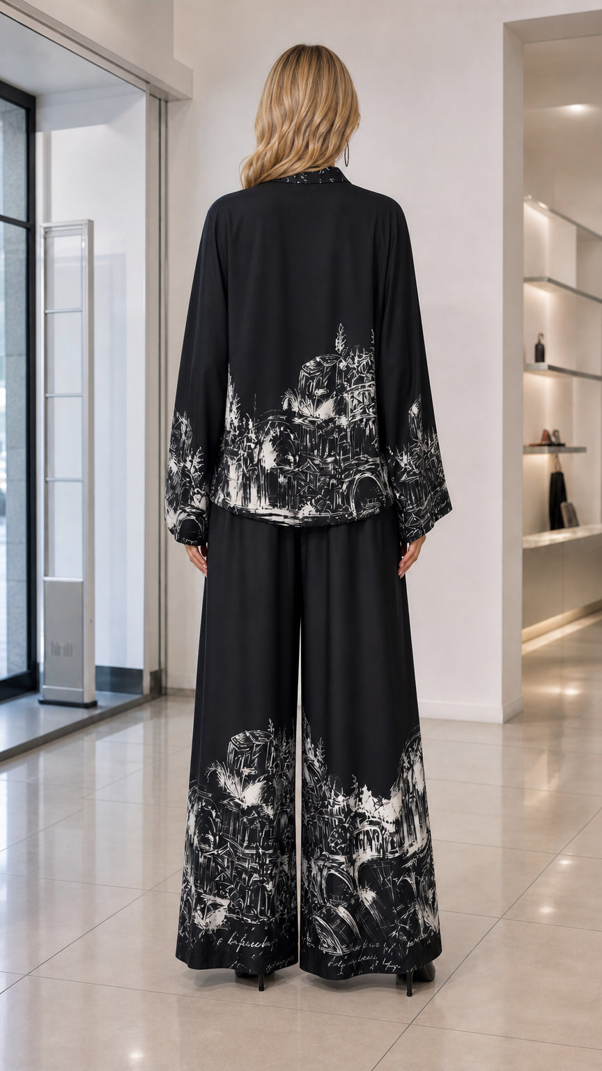 Back view of model wearing black printed long sleeve shirt and wide-leg pants