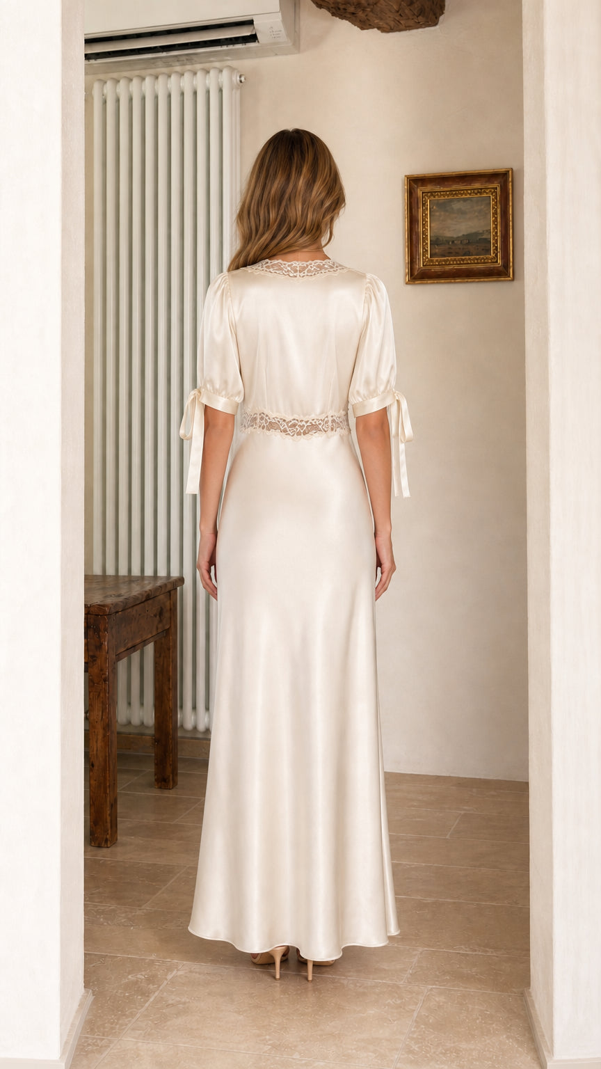 Back view of Champagne satin maxi dress