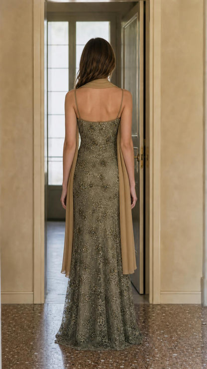 Back view of olive formal dress