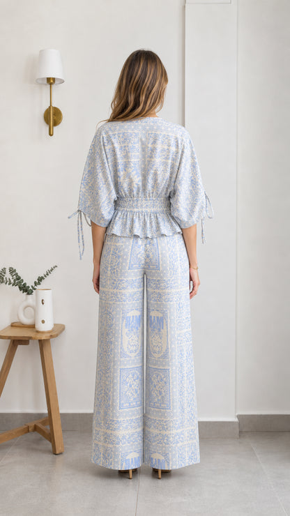 Back view of light blue printed set