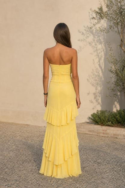 Back view of yellow strapless dress