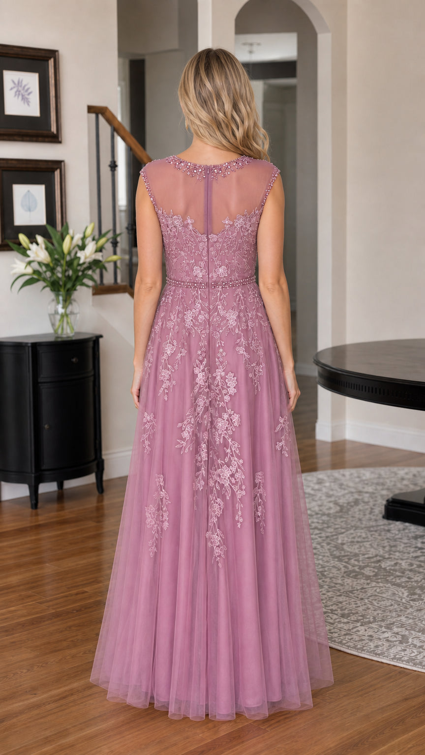 Woman wearing mauve evening gown back view