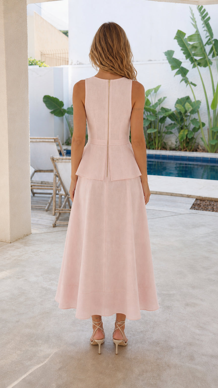 Woman wearing pink V-neck peplum midi dress from the back